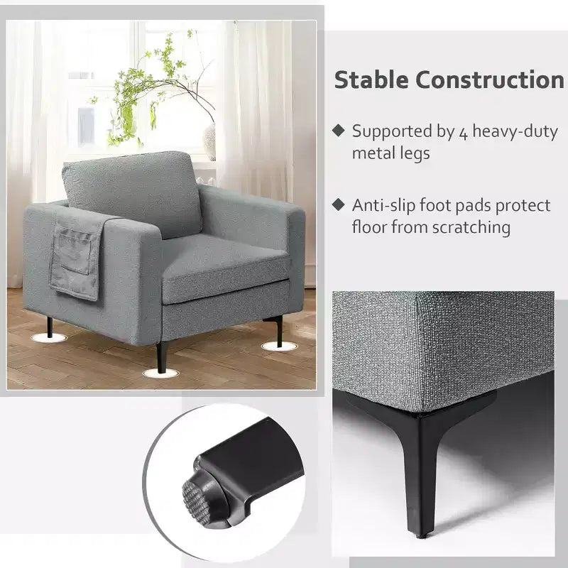 Fauteuil simple d'appoint en tissu de lin avec pochette latérale de rangement
