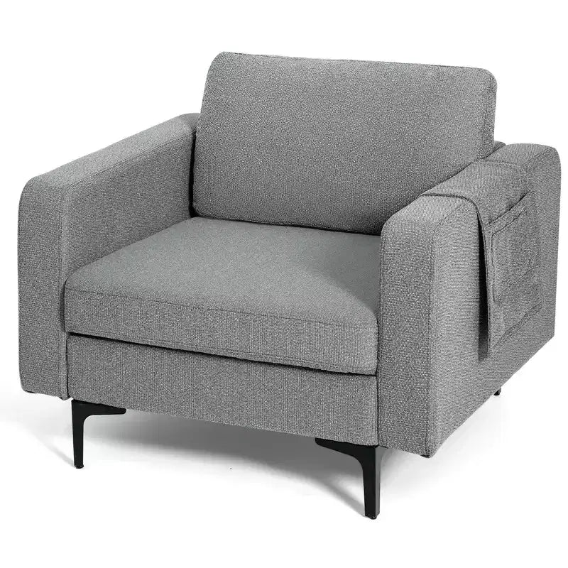 Fauteuil simple d'appoint en tissu de lin avec pochette latérale de rangement