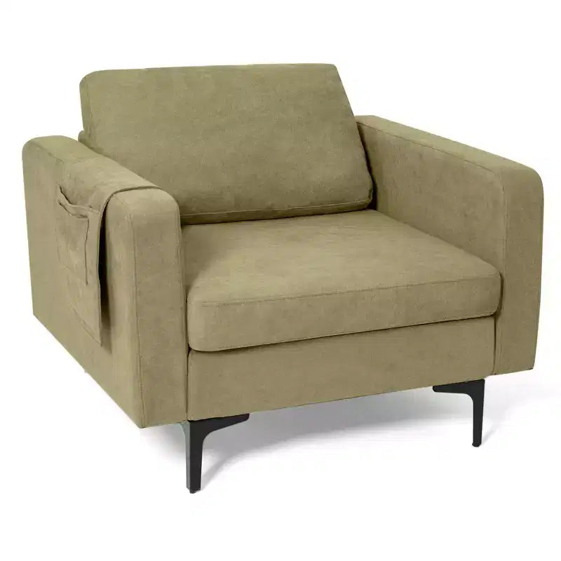 Fauteuil simple d'appoint en tissu de lin avec pochette latérale de rangement
