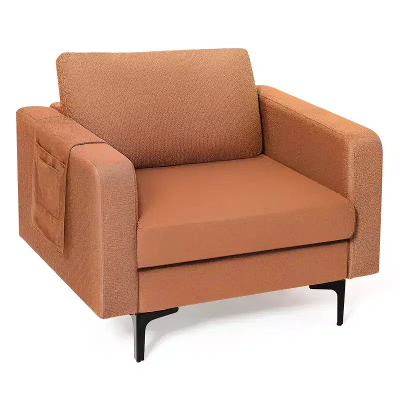 Fauteuil simple d'appoint en tissu de lin avec pochette latérale de rangement