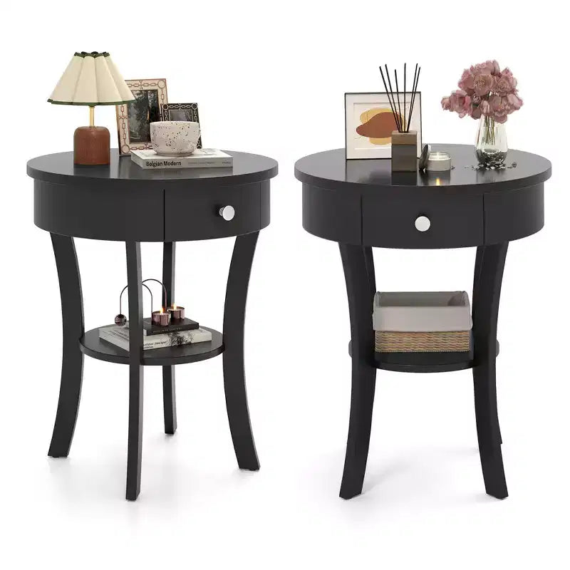 Costway 2 PCS 2-tier Side End Sofa Table Round Nightstand Bedroom Living Room White/Espresso/Black