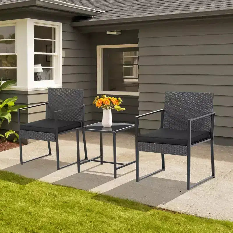Costway Ensemble de Meubles de Jardin 3 Pièces Robuste Coussins Rotin Osier Chaises Table Extérieur