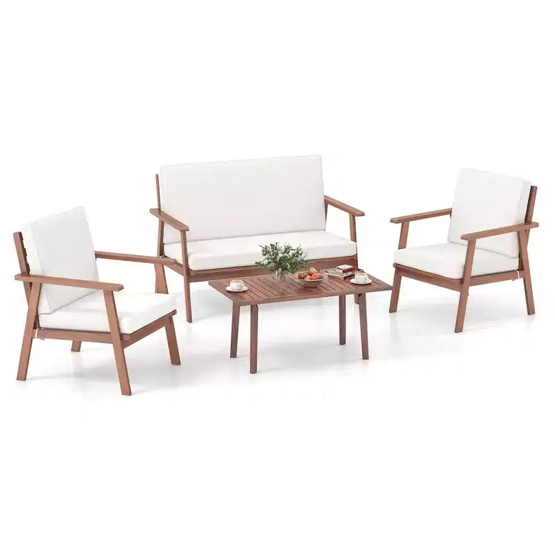 Costway Ensemble de Conversation de Patio 4 Pièces en Bois d'Acacia avec Canapé Table Basse et Coussins