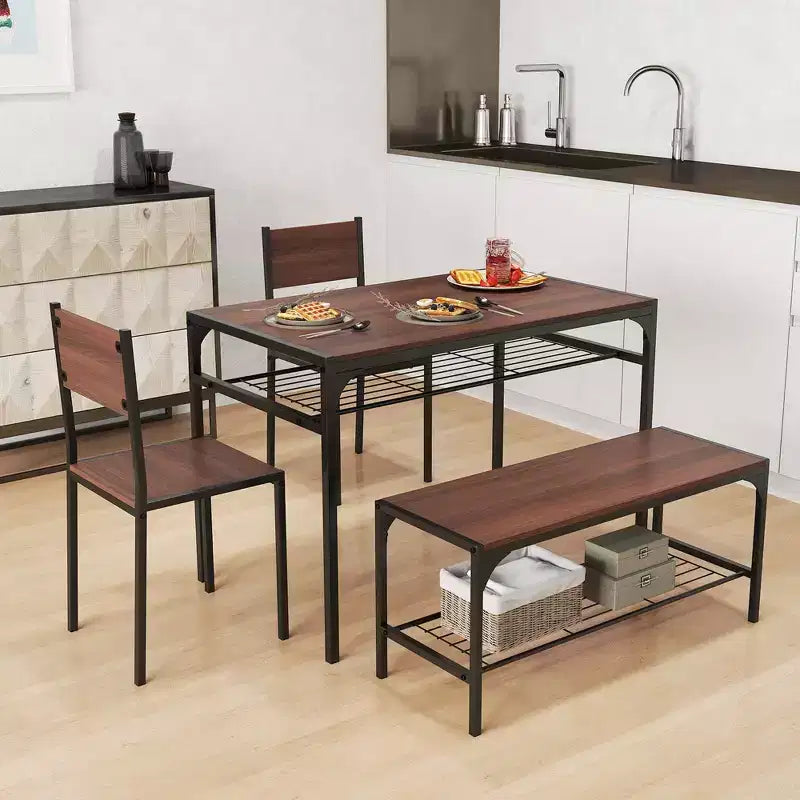 Ensemble de table à manger Costway pour 4 personnes, table rectangulaire avec 2 chaises, 1 banc, étagères de rangement, marron rustique/gris/marron