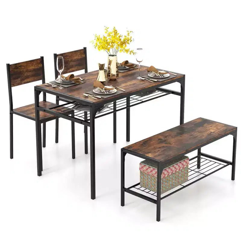 Ensemble de table à manger Costway pour 4 personnes, table rectangulaire avec 2 chaises, 1 banc, étagères de rangement, marron rustique/gris/marron