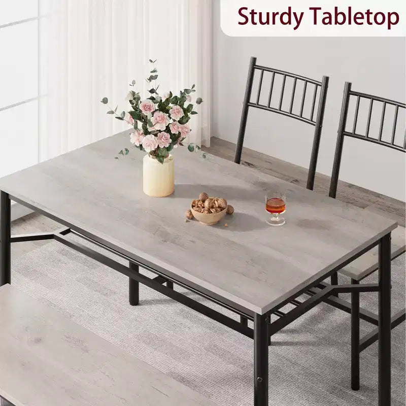 Ensemble table de salle à manger pour 4, Table de cuisine rectangulaire en bois avec 2 chaises et banc, Table de salle à manger avec casier à vin pour petit espace, appartement, maison