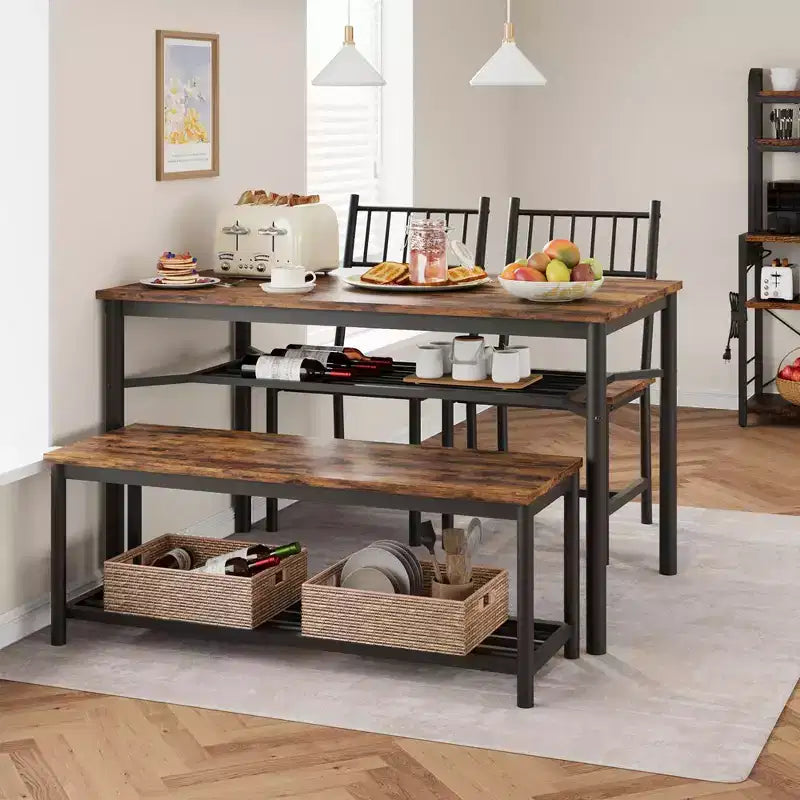 Ensemble table de salle à manger pour 4, Table de cuisine rectangulaire en bois avec 2 chaises et banc, Table de salle à manger avec casier à vin pour petit espace, appartement, maison