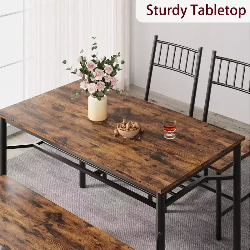 Ensemble table de salle à manger pour 4, Table de cuisine rectangulaire en bois avec 2 chaises et banc, Table de salle à manger avec casier à vin pour petit espace, appartement, maison