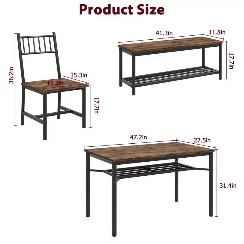 Ensemble table de salle à manger pour 4, Table de cuisine rectangulaire en bois avec 2 chaises et banc, Table de salle à manger avec casier à vin pour petit espace, appartement, maison