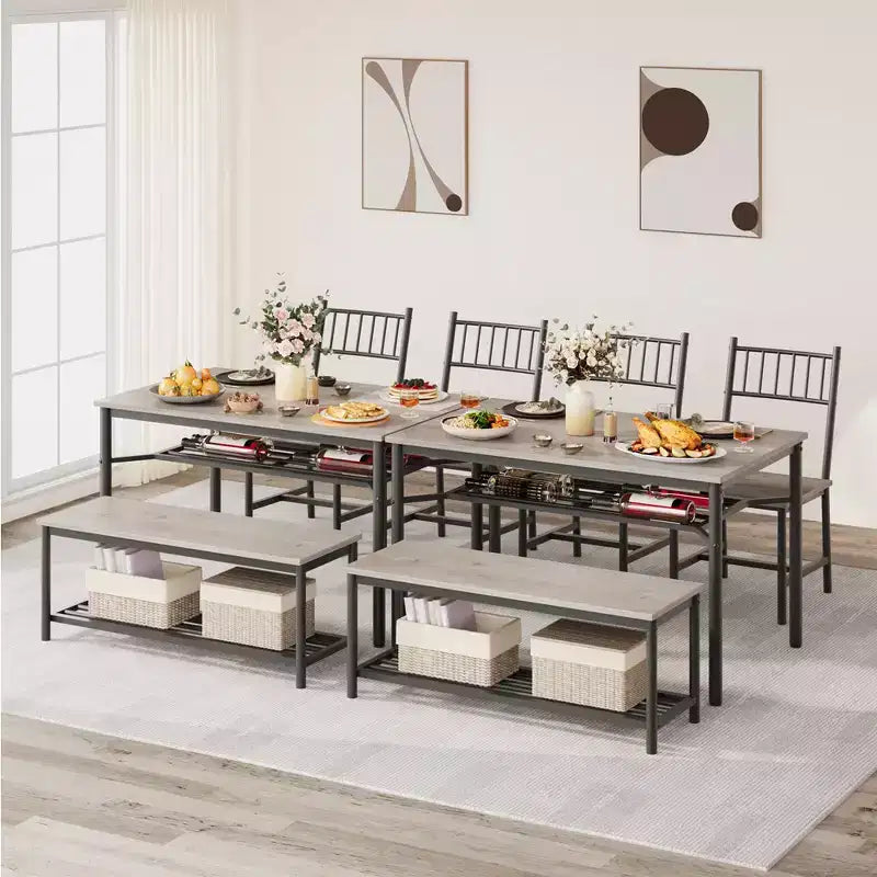 Ensemble table de salle à manger pour 4, Table de cuisine rectangulaire en bois avec 2 chaises et banc, Table de salle à manger avec casier à vin pour petit espace, appartement, maison