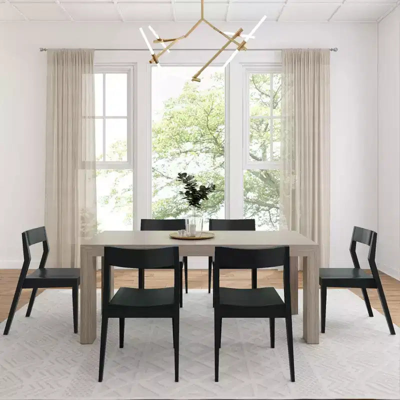 Ensemble de table à manger Plank+Beam 72 Modern en bois massif, brosse métallique noire, + 6 chaises