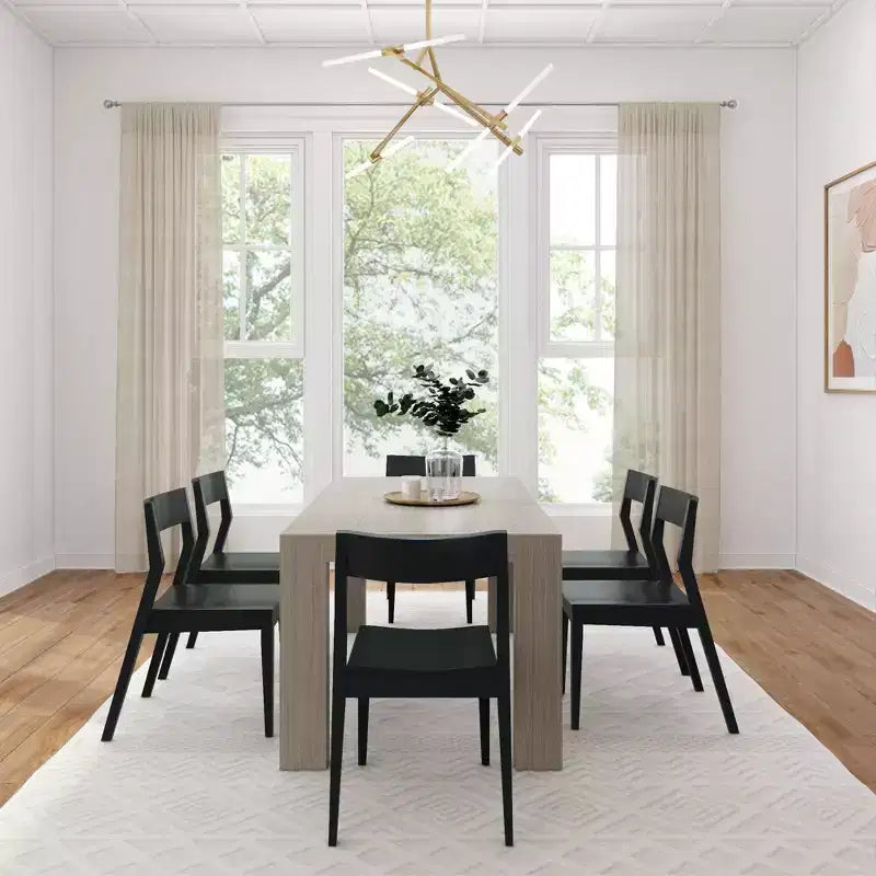 Ensemble de table à manger Plank+Beam 72 Modern en bois massif, brosse métallique noire, + 6 chaises