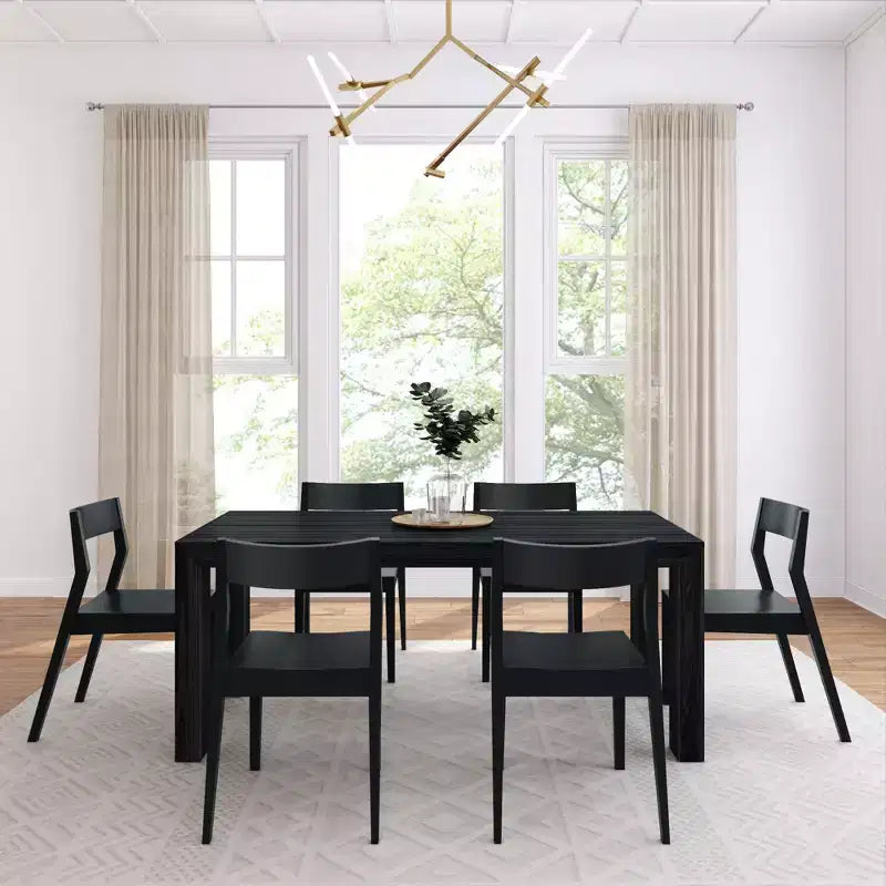 Ensemble de table à manger Plank+Beam 72 Modern en bois massif, brosse métallique noire, + 6 chaises