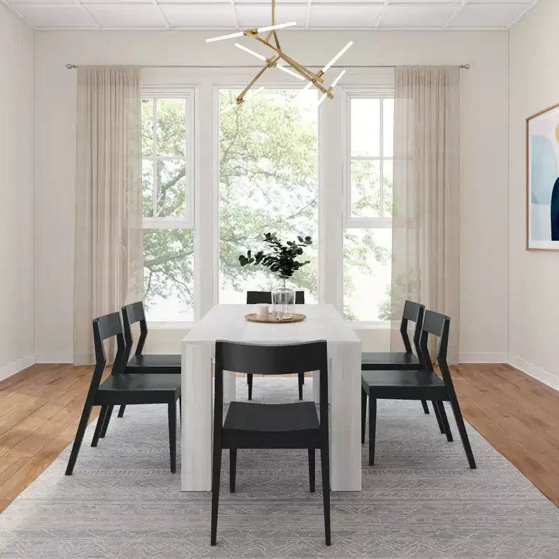 Ensemble de table à manger Plank+Beam 72 Modern en bois massif, brosse métallique noire, + 6 chaises