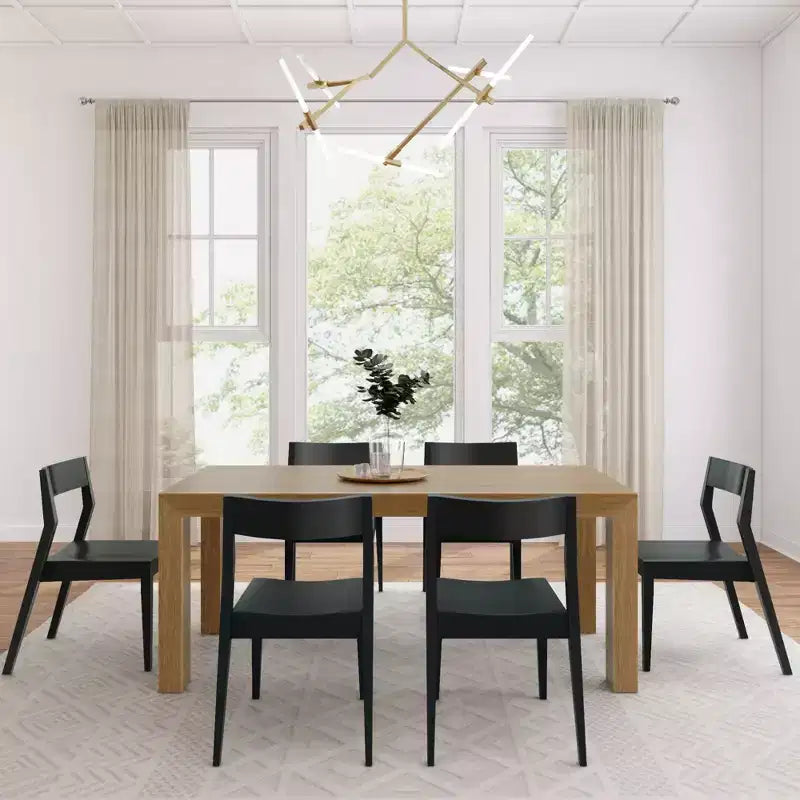 Ensemble de table à manger Plank+Beam 72 Modern en bois massif, brosse métallique noire, + 6 chaises