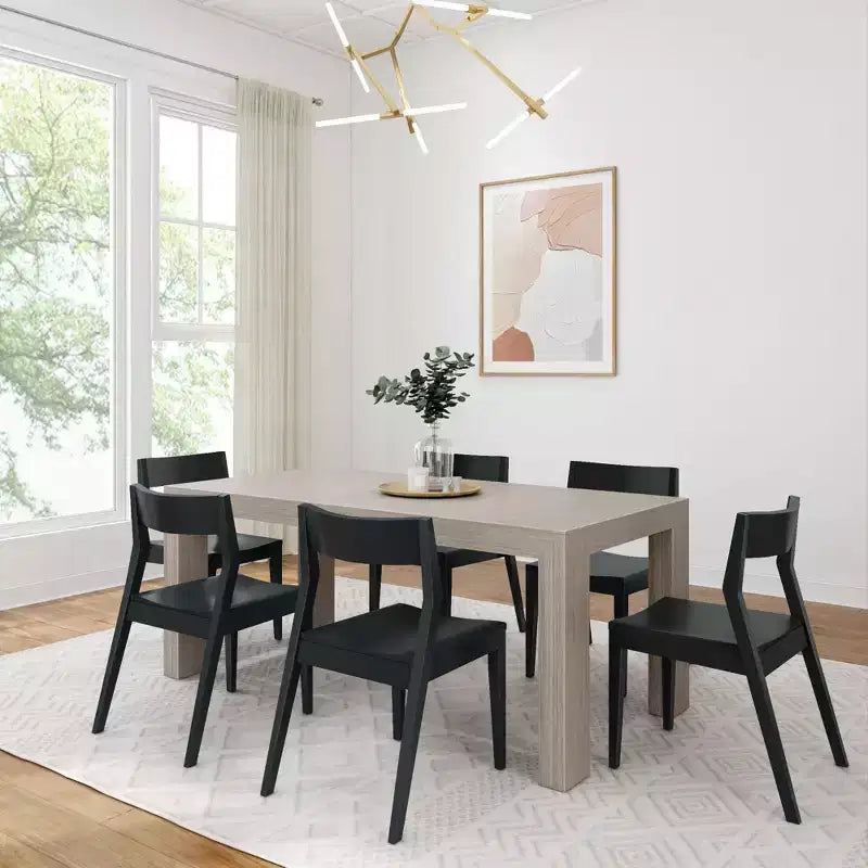 Ensemble de table à manger Plank+Beam 72 Modern en bois massif, brosse métallique noire, + 6 chaises