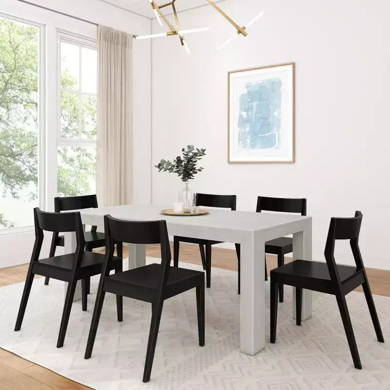 Ensemble de table à manger Plank+Beam 72 Modern en bois massif, brosse métallique noire, + 6 chaises