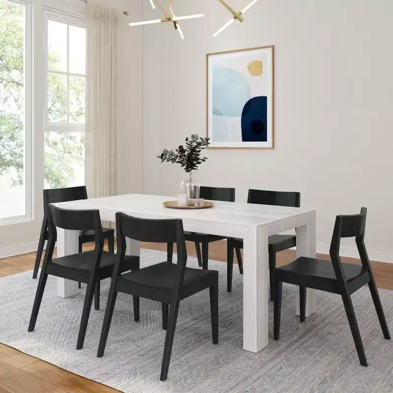 Ensemble de table à manger Plank+Beam 72 Modern en bois massif, brosse métallique noire, + 6 chaises