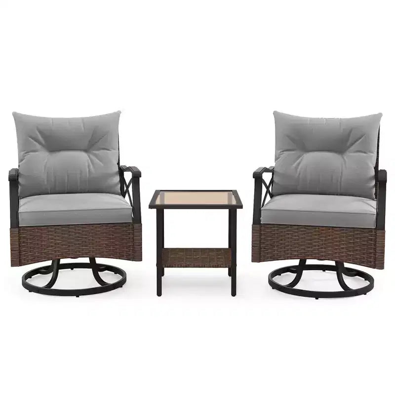 Costway Ensemble de 3 Pièces de Fauteuils Pivotants de Patio avec Table Basse à 2 Niveaux et Coussins de Dossier Confortables