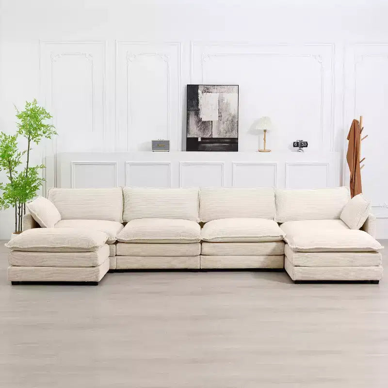 Hyleory 147 in. W 6-Piece Modern Corduroy Fabric Sectional Sofa with Double Ottomans