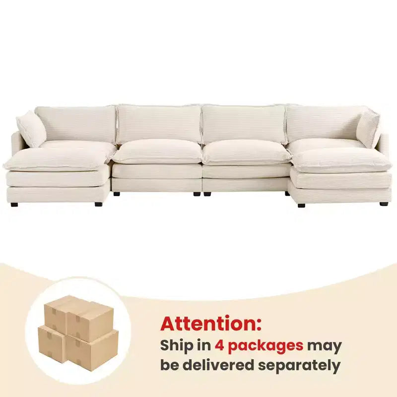 Hyleory Canapé d'angle moderne 6 places en velours côtelé de 373 cm de large avec deux ottomans