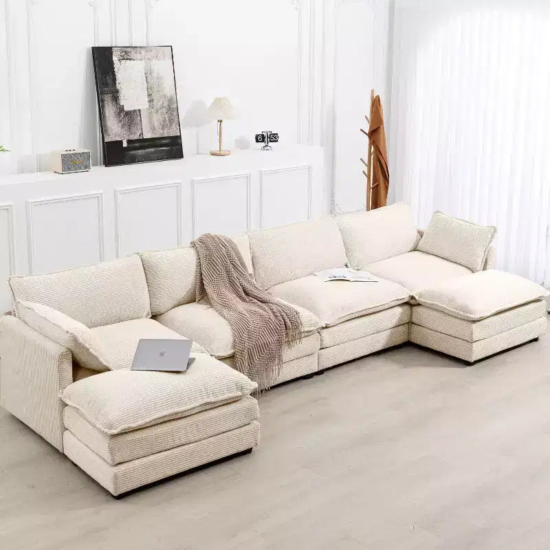 Hyleory Canapé d'angle moderne 6 places en velours côtelé de 373 cm de large avec deux ottomans