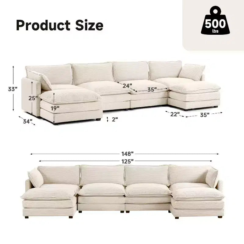 Hyleory Canapé d'angle moderne 6 places en velours côtelé de 373 cm de large avec deux ottomans