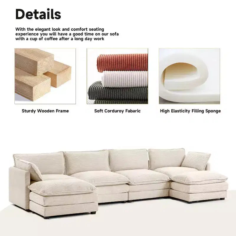 Hyleory Canapé d'angle moderne 6 places en velours côtelé de 373 cm de large avec deux ottomans