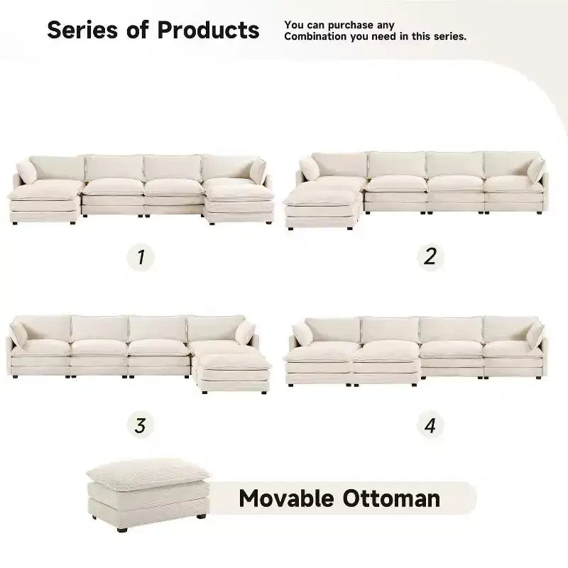 Hyleory Canapé d'angle moderne 6 places en velours côtelé de 373 cm de large avec deux ottomans