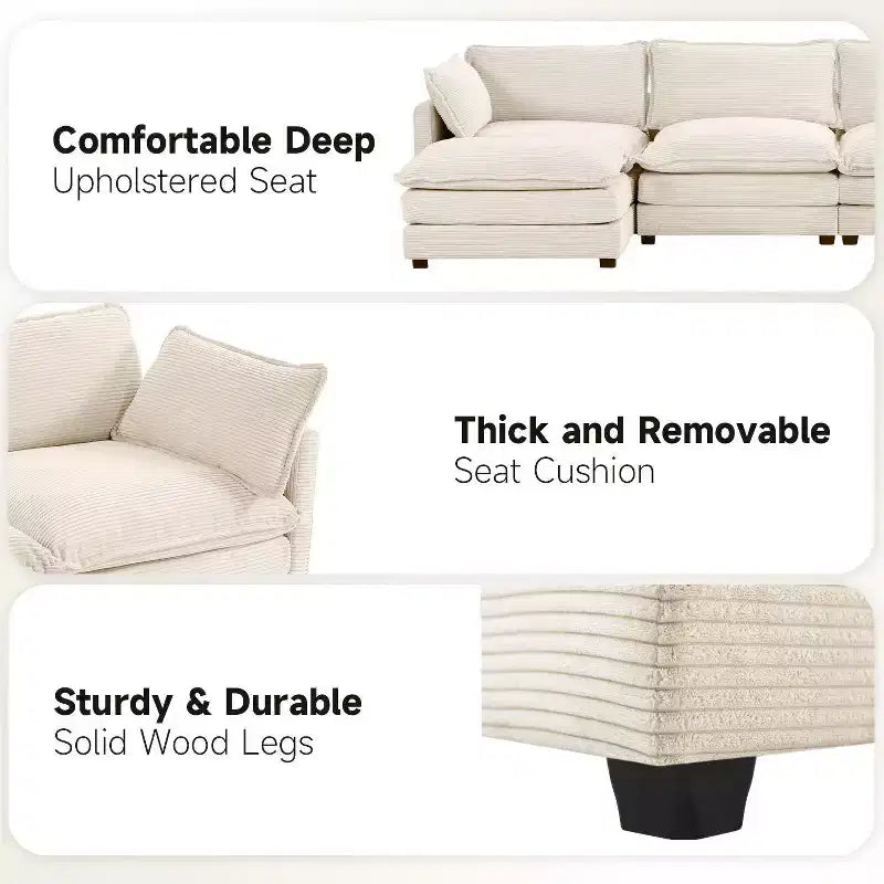 Hyleory Canapé d'angle moderne 6 places en velours côtelé de 373 cm de large avec deux ottomans
