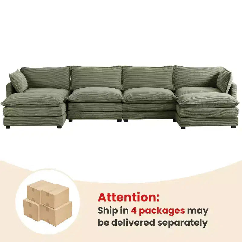 Hyleory Canapé d'angle moderne 6 places en velours côtelé de 373 cm de large avec deux ottomans