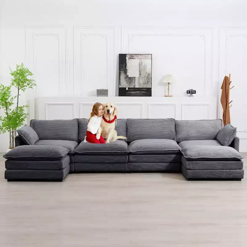 Hyleory Canapé d'angle moderne 6 places en velours côtelé de 373 cm de large avec deux ottomans
