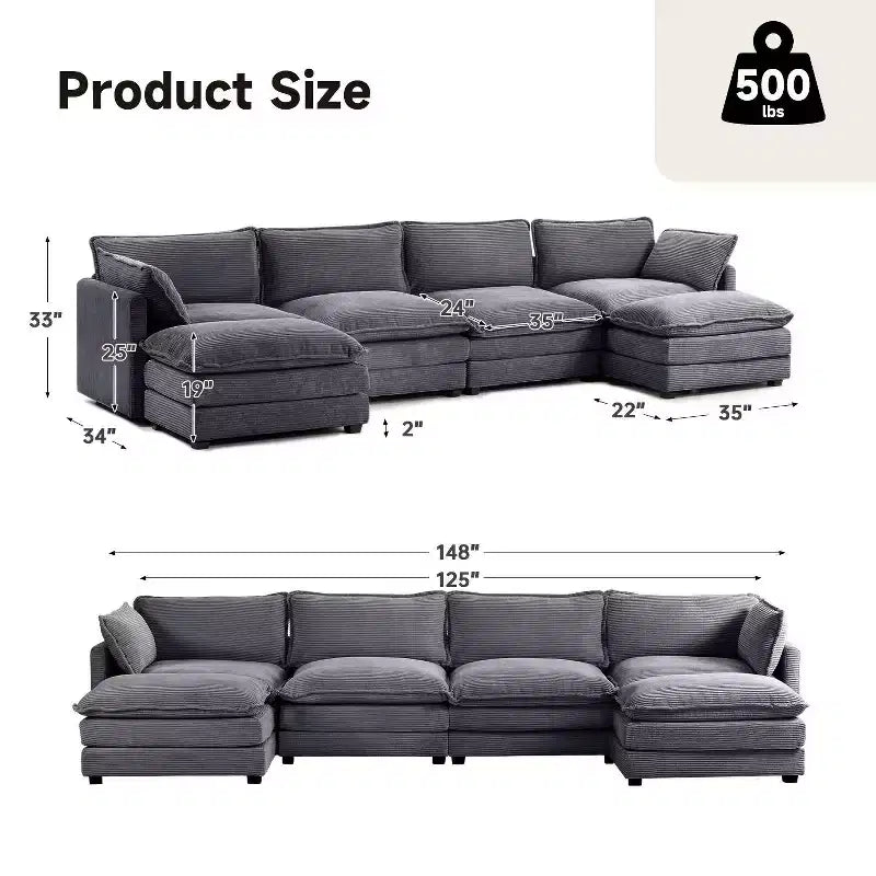 Hyleory Canapé d'angle moderne 6 places en velours côtelé de 373 cm de large avec deux ottomans