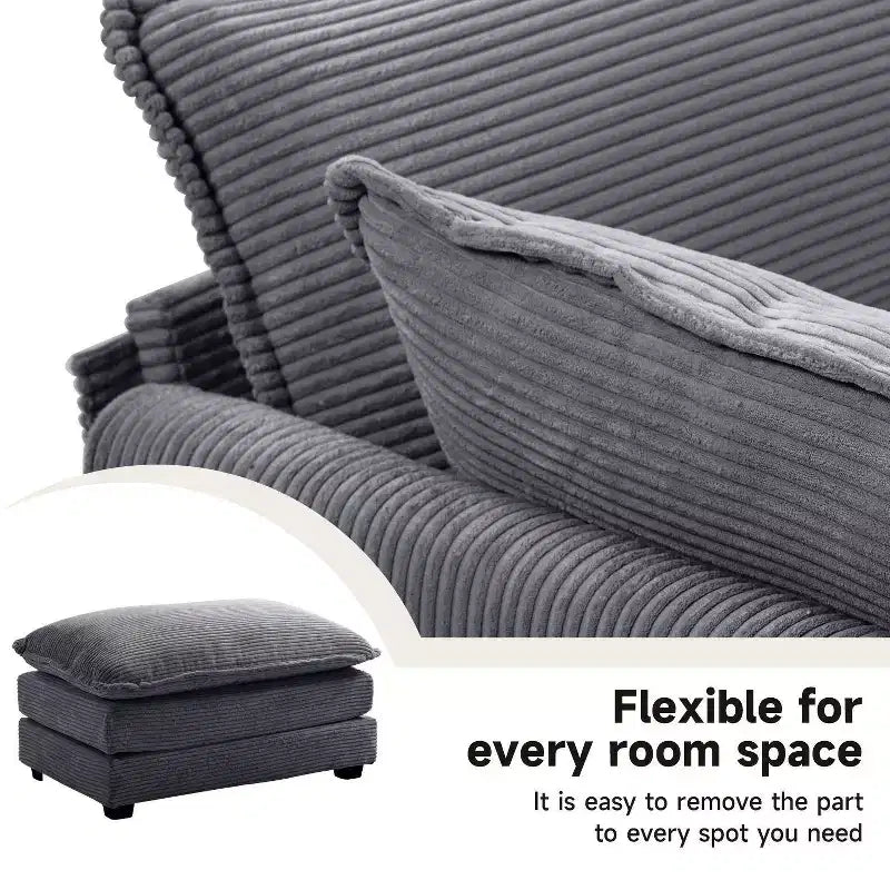 Hyleory Canapé d'angle moderne 6 places en velours côtelé de 373 cm de large avec deux ottomans