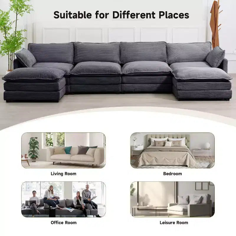 Hyleory Canapé d'angle moderne 6 places en velours côtelé de 373 cm de large avec deux ottomans