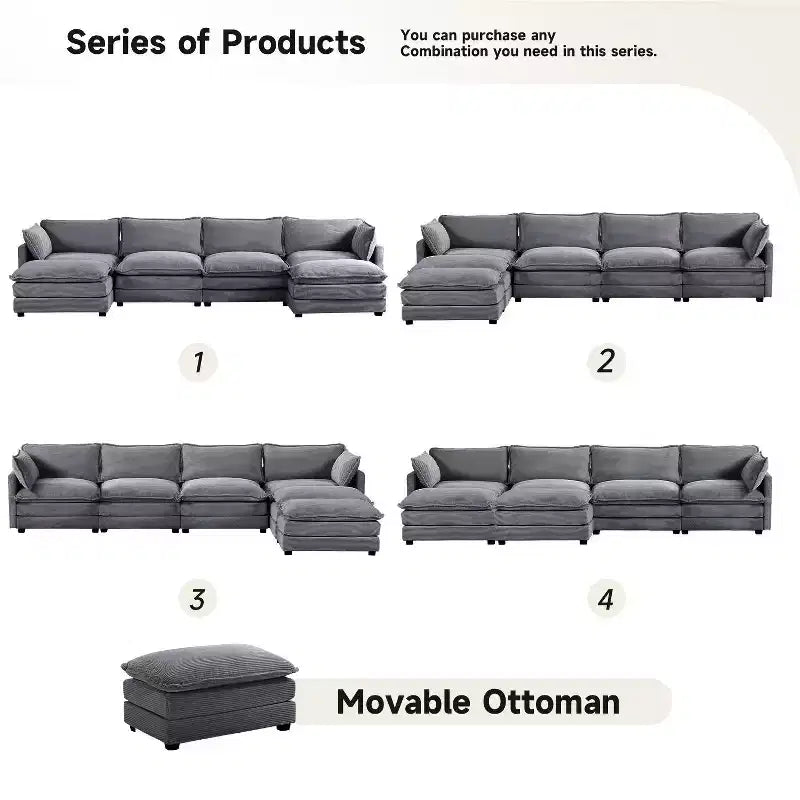 Hyleory Canapé d'angle moderne 6 places en velours côtelé de 373 cm de large avec deux ottomans