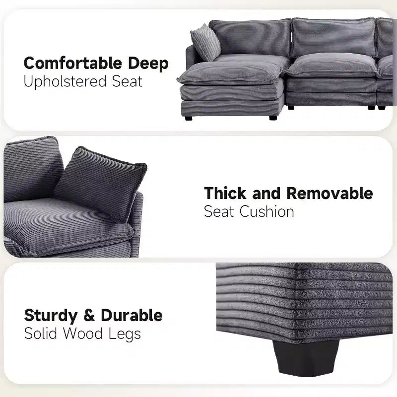 Hyleory Canapé d'angle moderne 6 places en velours côtelé de 373 cm de large avec deux ottomans