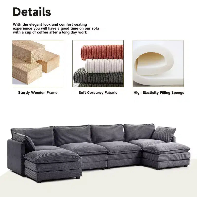 Hyleory Canapé d'angle moderne 6 places en velours côtelé de 373 cm de large avec deux ottomans