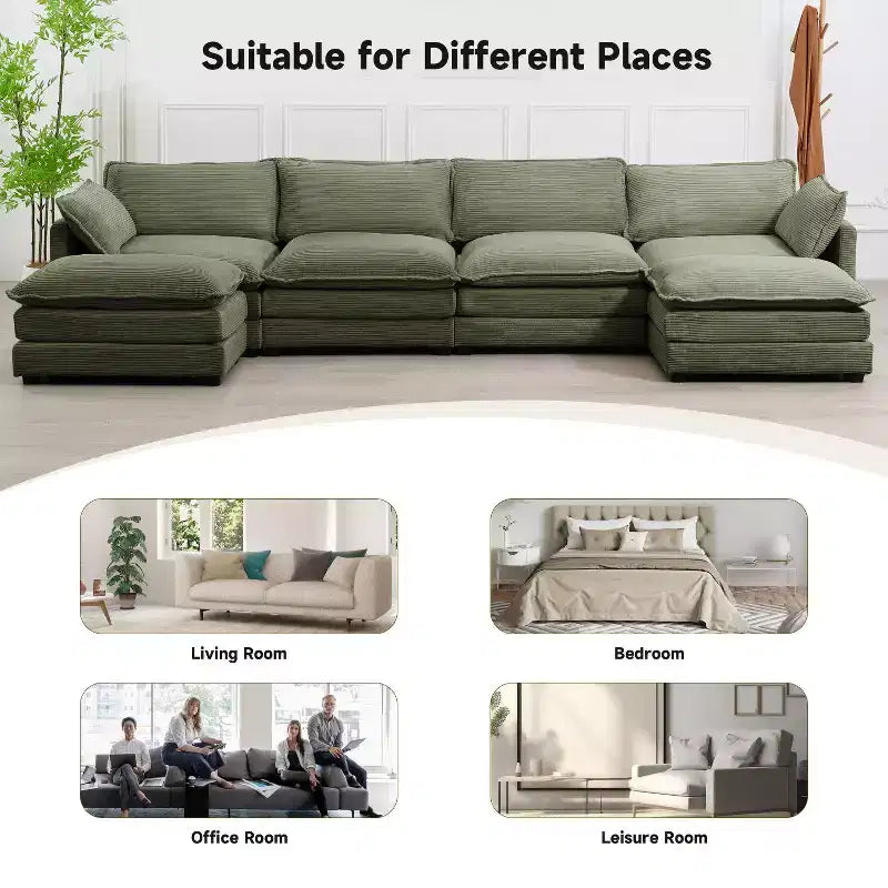 Hyleory Canapé d'angle moderne 6 places en velours côtelé de 373 cm de large avec deux ottomans