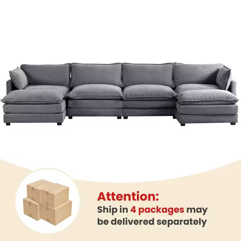 Hyleory Canapé d'angle moderne 6 places en velours côtelé de 373 cm de large avec deux ottomans