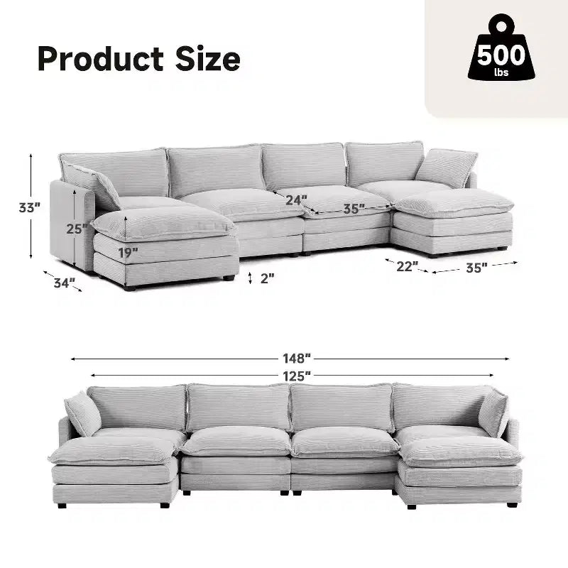 Hyleory Canapé d'angle moderne 6 places en velours côtelé de 373 cm de large avec deux ottomans