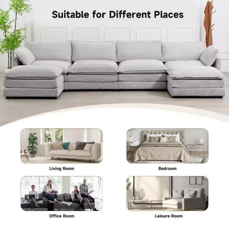 Hyleory Canapé d'angle moderne 6 places en velours côtelé de 373 cm de large avec deux ottomans