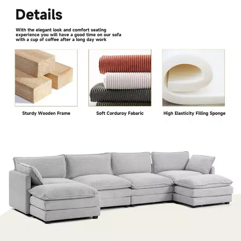 Hyleory Canapé d'angle moderne 6 places en velours côtelé de 373 cm de large avec deux ottomans
