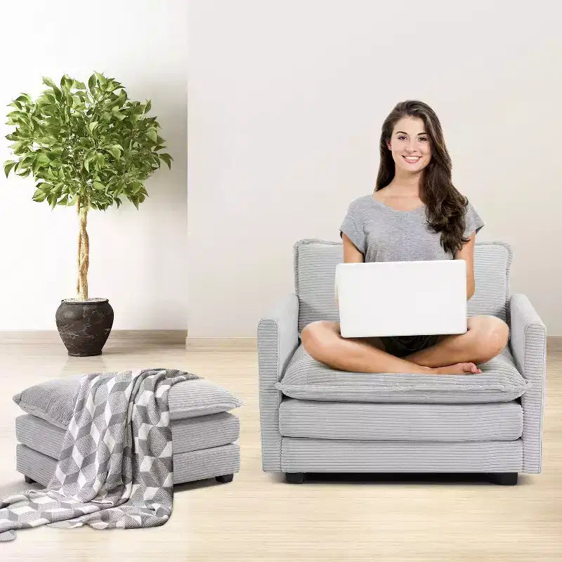 Hyleory Canapé d'angle moderne 6 places en velours côtelé de 373 cm de large avec deux ottomans