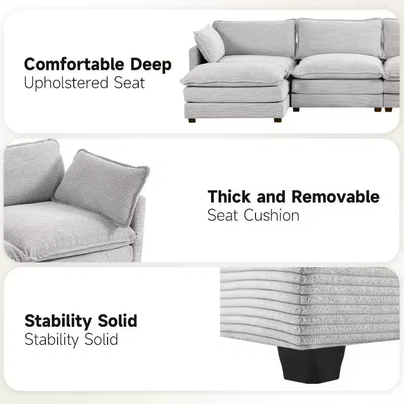 Hyleory Canapé d'angle moderne 6 places en velours côtelé de 373 cm de large avec deux ottomans