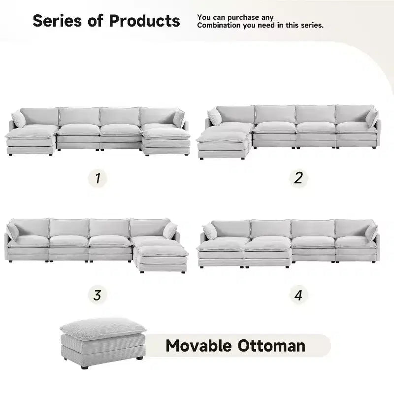 Hyleory Canapé d'angle moderne 6 places en velours côtelé de 373 cm de large avec deux ottomans