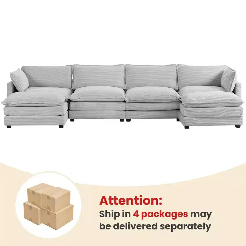 Hyleory Canapé d'angle moderne 6 places en velours côtelé de 373 cm de large avec deux ottomans
