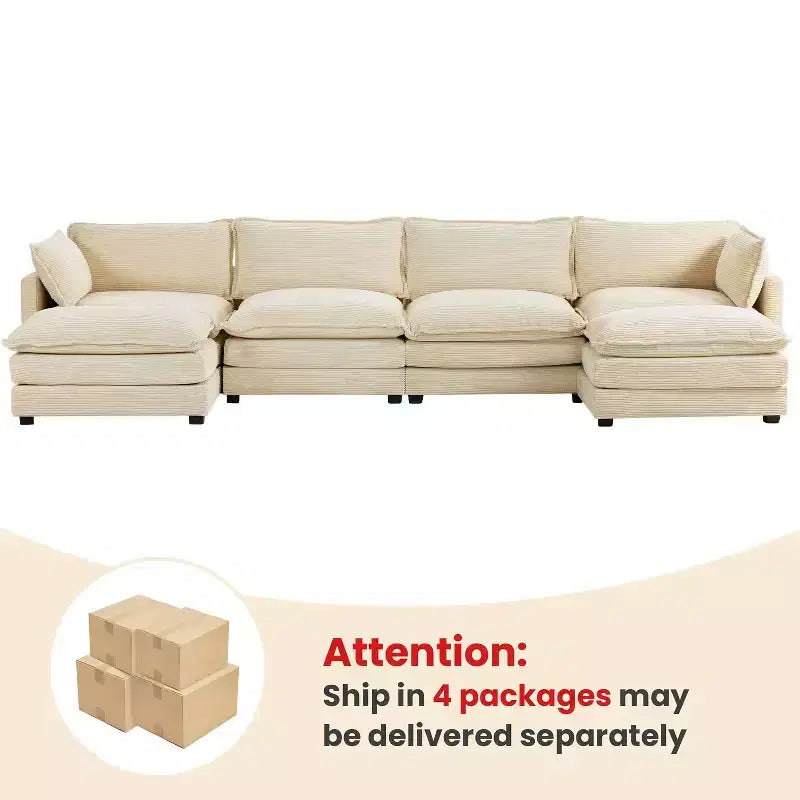 Hyleory Canapé d'angle moderne 6 places en velours côtelé de 373 cm de large avec deux ottomans