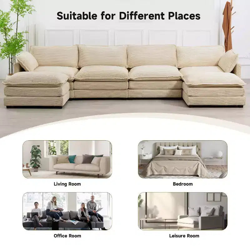 Hyleory Canapé d'angle moderne 6 places en velours côtelé de 373 cm de large avec deux ottomans