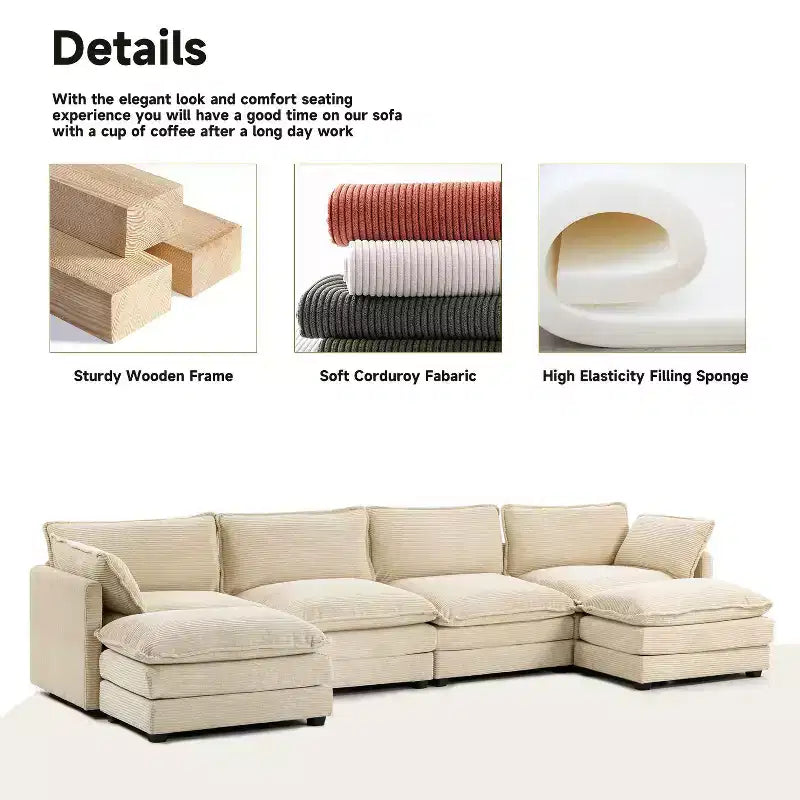 Hyleory Canapé d'angle moderne 6 places en velours côtelé de 373 cm de large avec deux ottomans